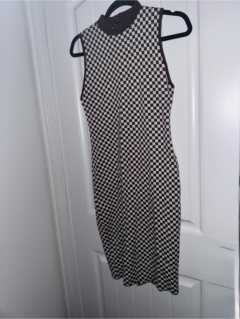 Zara Brown Cream Checkerboard Knit Midi Dress Size Small